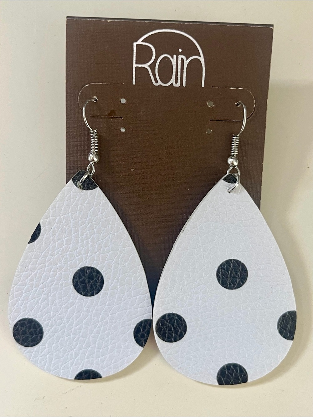 Rain White Teardrop Earrings with Black Polka Dots
